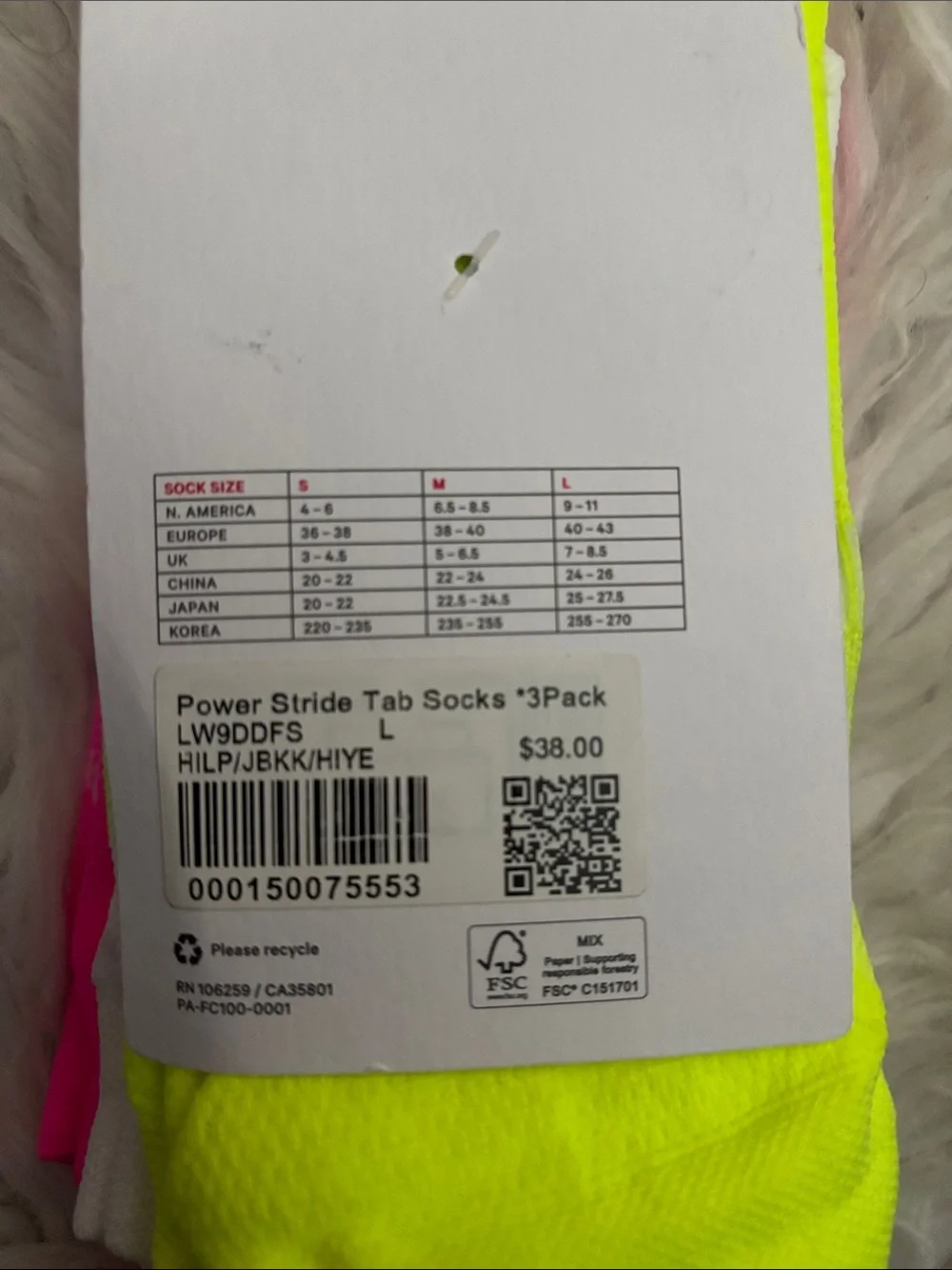 Lululemon Women’s Power Stride Tab Socks, Pink/Yellow/White, Large